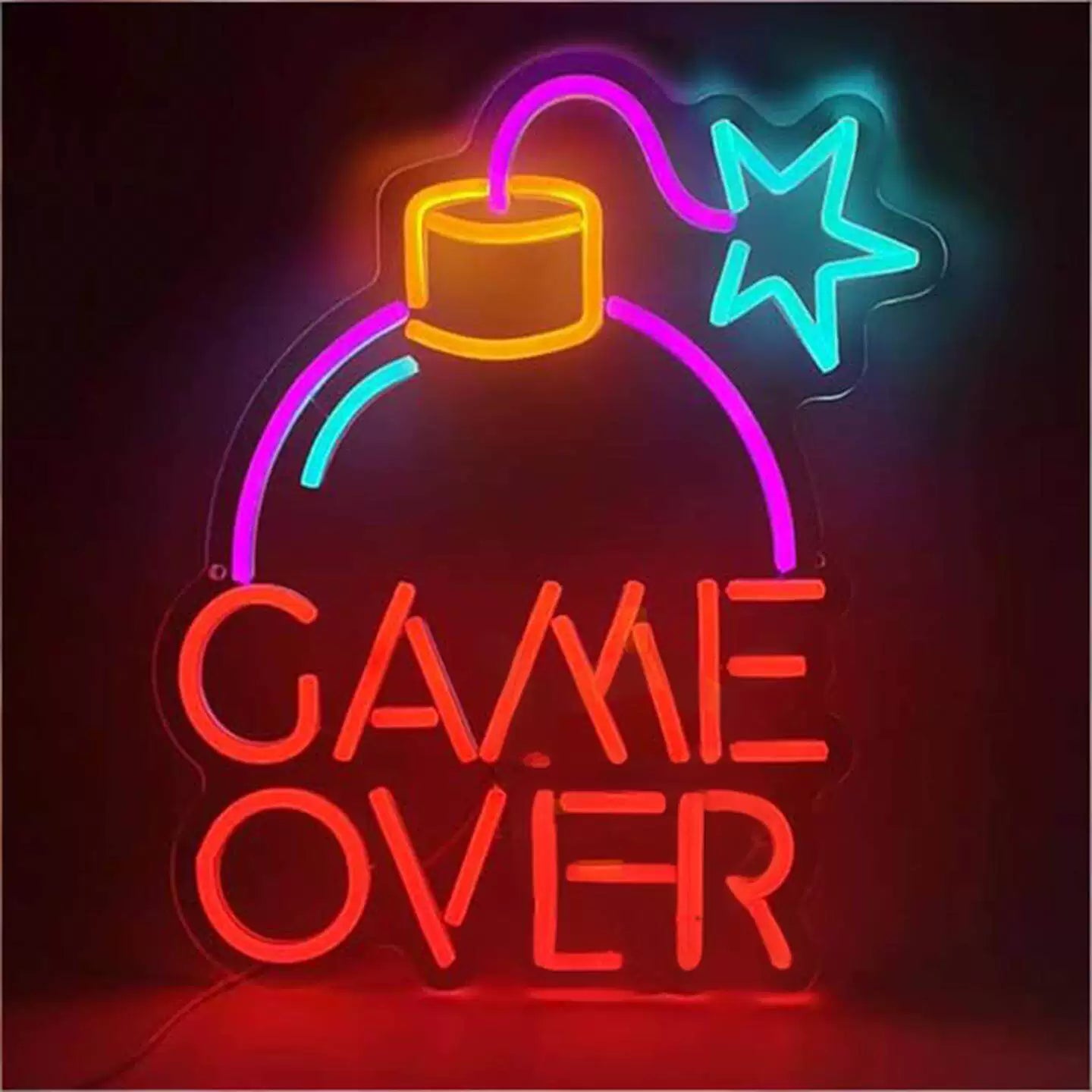 Game Over LED Neon Sign Red Pink Bomb Neon Light Wall Decor for Game Room Bedroom