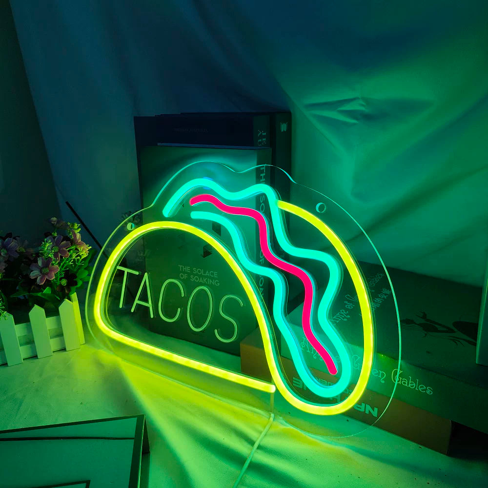 Tacos LED Neon Sign Green Yellow Mexican Food Neon Light Wall Decor for Restaurant Cafe Kitchen