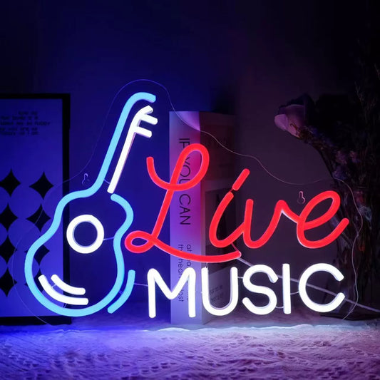 Live Music LED Neon Sign Guitar Neon Light for Bar Studio Room Wall Decor