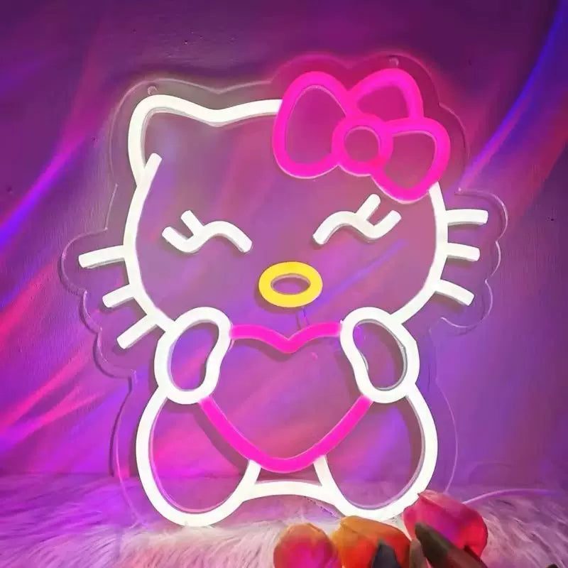 Cute Cartoon Cat LED Neon Sign with Heart for Bedroom Wall Decor Light