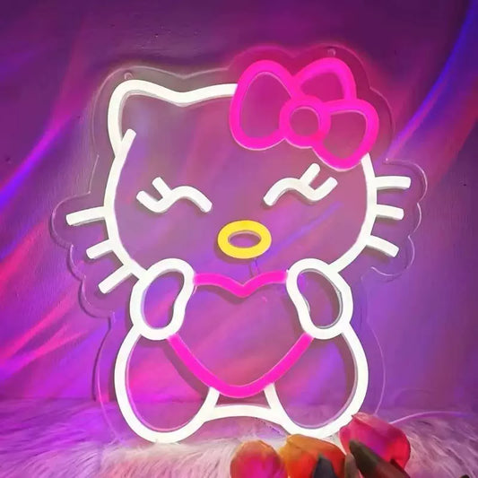 Cute Cartoon Cat LED Neon Sign with Heart for Bedroom Wall Decor Light