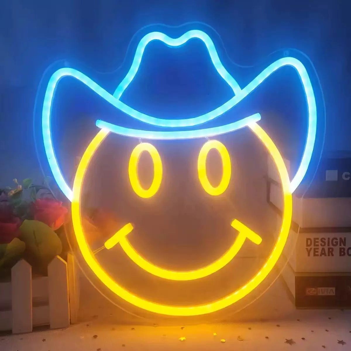 Cowboy Smiley Face LED Neon Sign for Bedroom Wall Decor Light