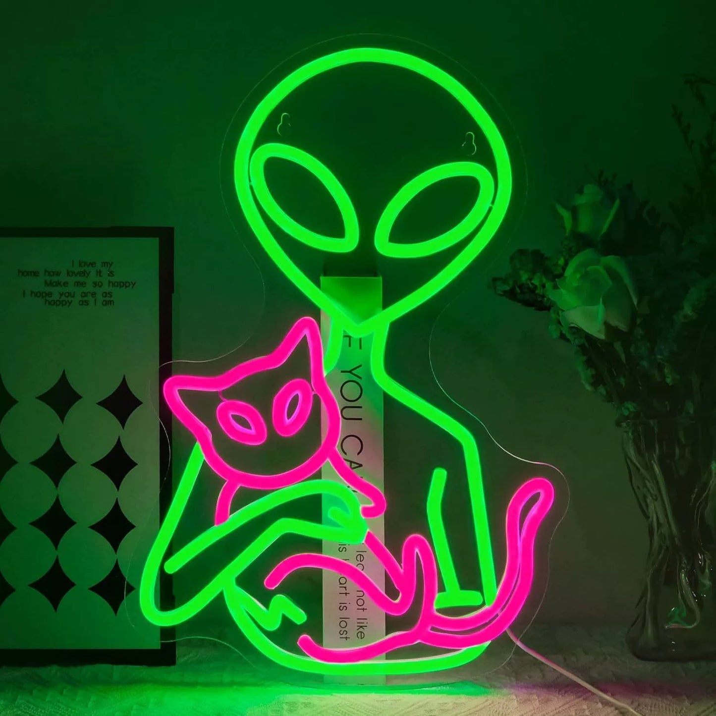 Alien Cat LED Neon Sign Green Pink Space Neon Light Wall Decor for Bedroom Game Room