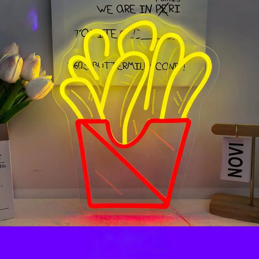 French Fries LED Neon Sign Yellow Red Fast Food Neon Light Wall Decor for Restaurant Cafe Kitchen