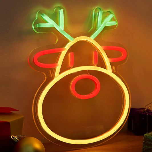 LED Reindeer Neon Sign Yellow, Red & Green Christmas Decoration