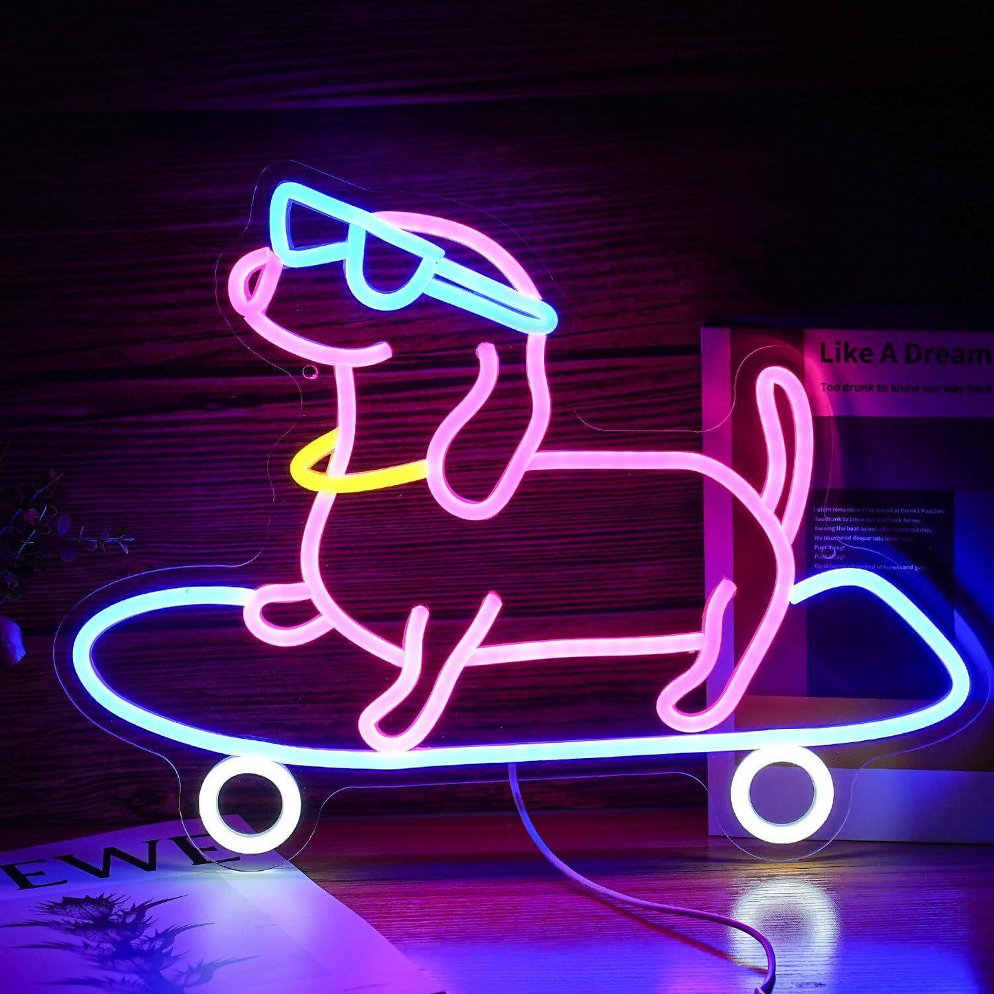 Cool Dog on Skateboard LED Neon Sign Puppy Neon Light Wall Decor for Kids Room Game Room Pet Lovers