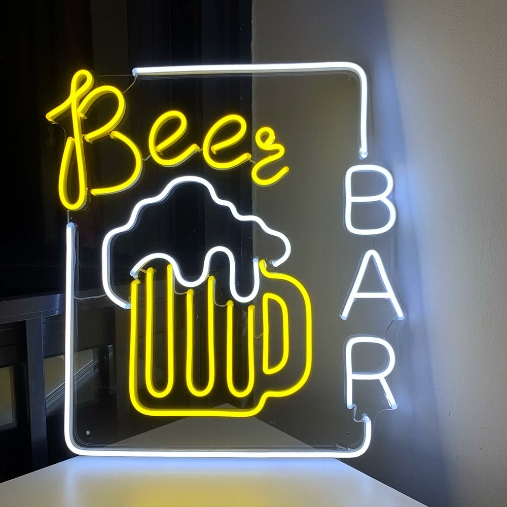Beer Bar LED Neon Sign Yellow White Beer Mug Neon Light Wall Decor for Bar Pub Man Cave