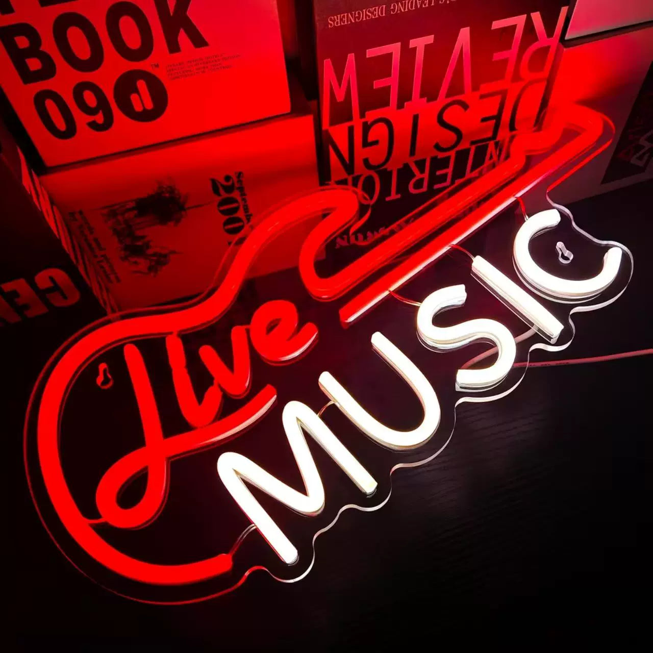 Live Music LED Neon Sign Guitar Script Neon Light for Bar Club Room Wall Decor