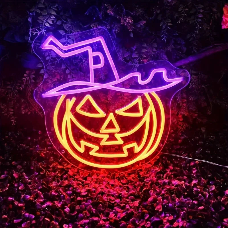 Purple Witch Hat LED Neon Sign Halloween Pumpkin Glow Wall Decor for Party Room