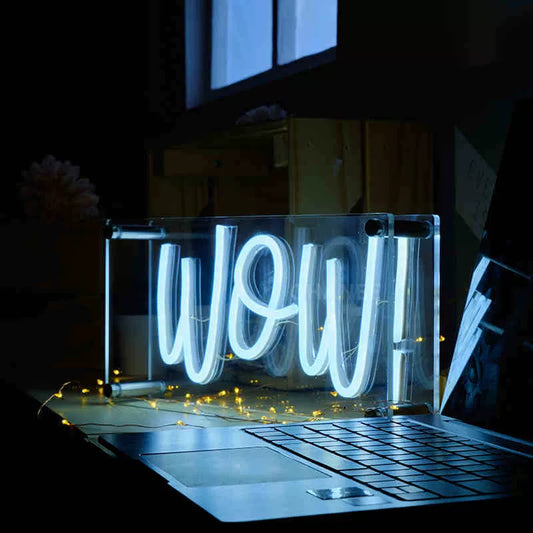 Wow LED Neon Sign Ice Blue Script Neon Light Wall Decor for Bedroom Game Room Party