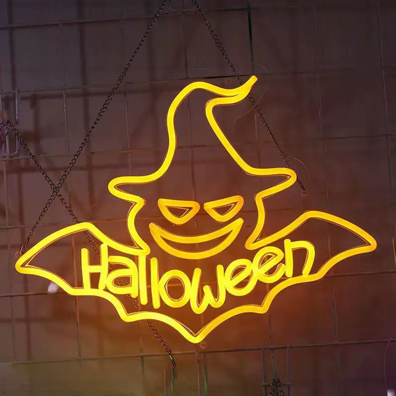 Halloween Witch Hat LED Neon Sign Spooky Bat Neon Light Wall Decor for Party Home Bar