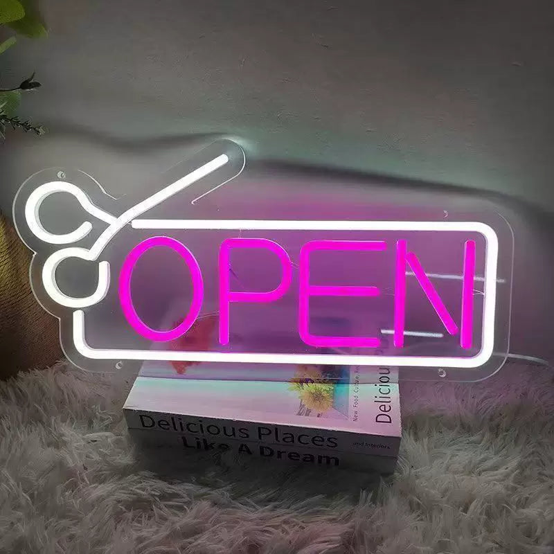 Barber Shop Open Neon Sign with Scissors for Salon Window Decor