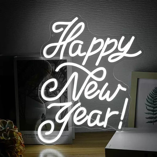 Happy New Year LED Neon Sign White Script Neon Light Wall Decor for Party Home Celebration