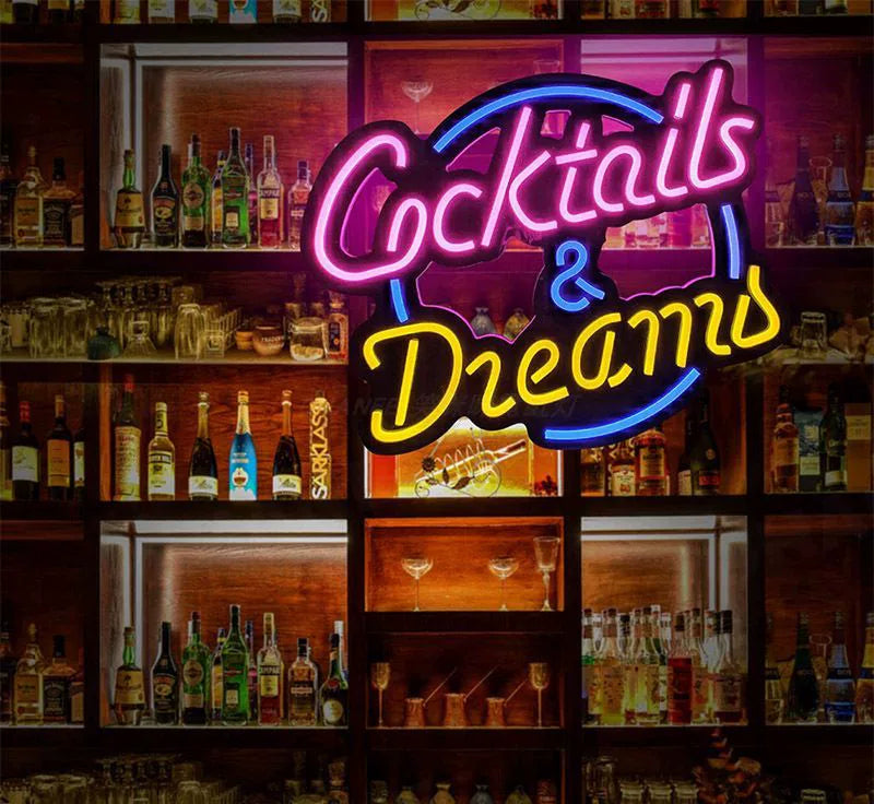 Cocktails and Dreams LED Neon Sign Pink Yellow Bar Neon Light Wall Decor for Home Bar Restaurant