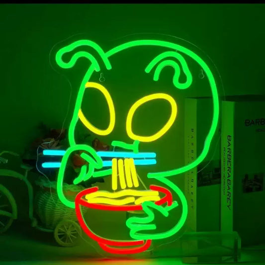 Cute Alien Eating Noodles LED Neon Sign Cartoon UFO Character Neon Light for Bedroom Bar Wall Decor