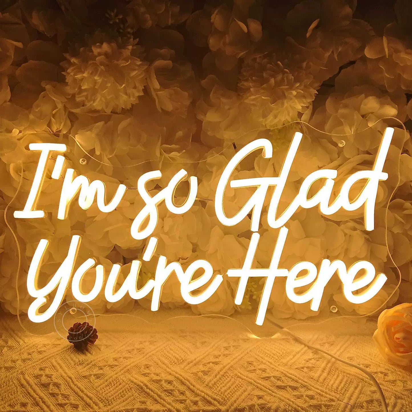 I’m So Glad You’re Here LED Neon Sign Warm White Quote Neon Light Wall Decor for Bedroom Wedding Party