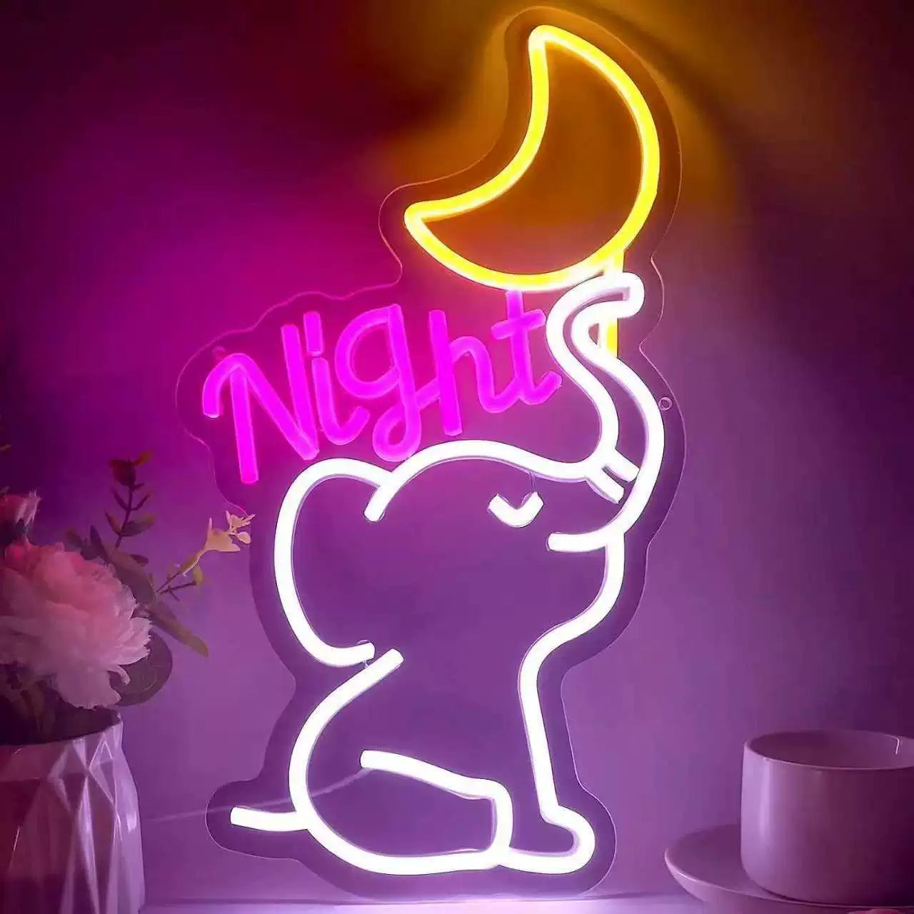 Elephant Night Neon Sign LED Wall Light for Kids Room, Bedroom, or Nursery Decor