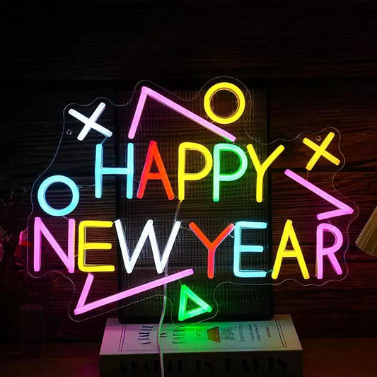 Happy New Year LED Neon Sign Colorful Geometric Neon Light Wall Decor for Party Home Event