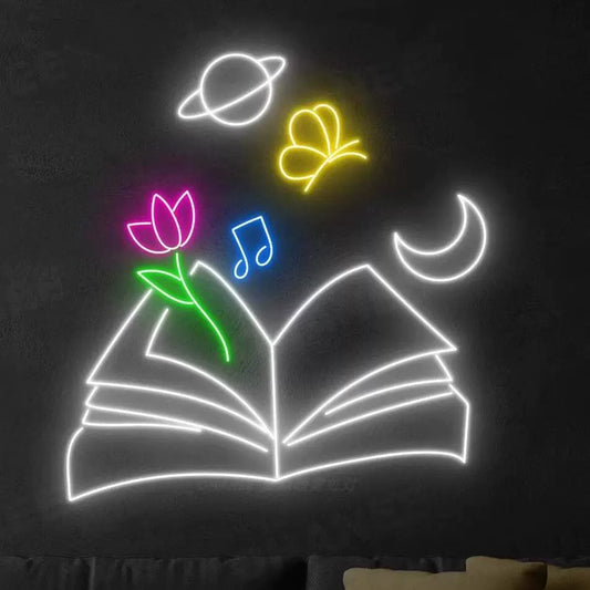 Open Book LED Neon Sign Moon Planet Butterfly Wall Decor for Bedroom Study Room