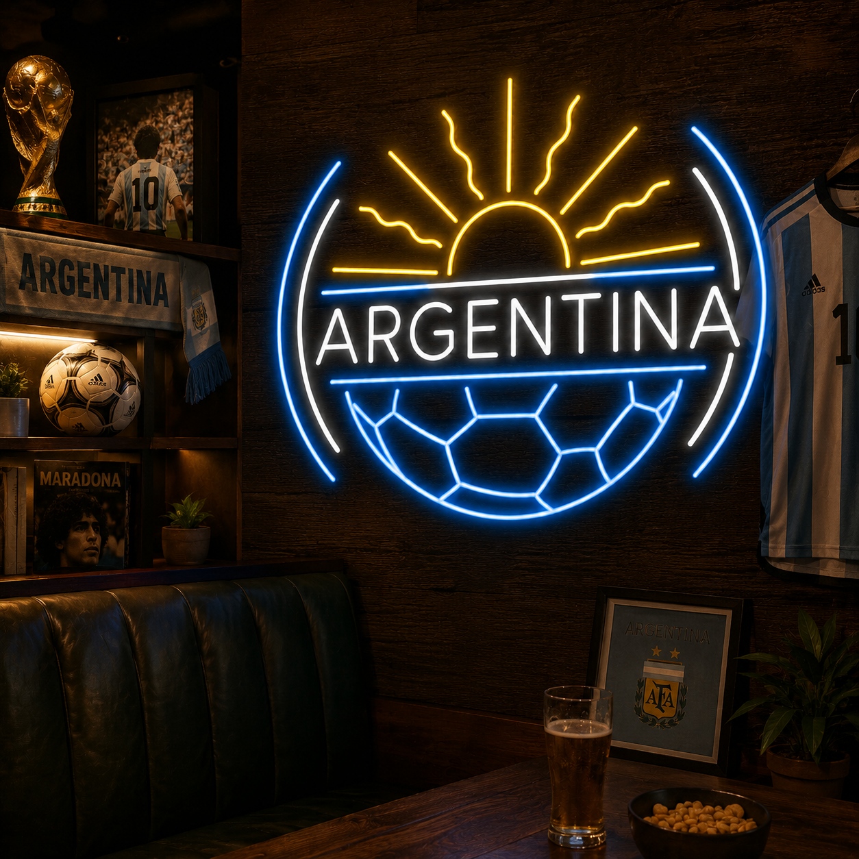 Argentina Sun Soccer LED Neon Sign Argentine Football Neon Light Wall Decor for Sports Bar Game Room