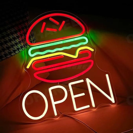 Burger Open LED Neon Sign Colorful Fast Food Neon Light Wall Decor for Restaurant Cafe