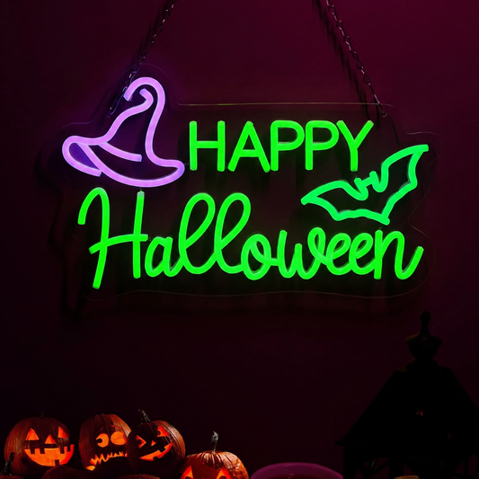 Happy Halloween LED Neon Sign Witch Hat Bat Neon Light Wall Decor for Halloween Party Home Bar
