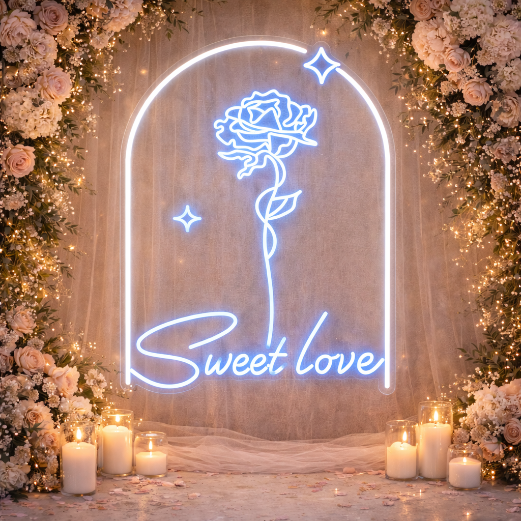 Sweet Love Rose Arch LED Neon Sign Romantic Wedding Backdrop Light Blue & Warm White Neon Decor