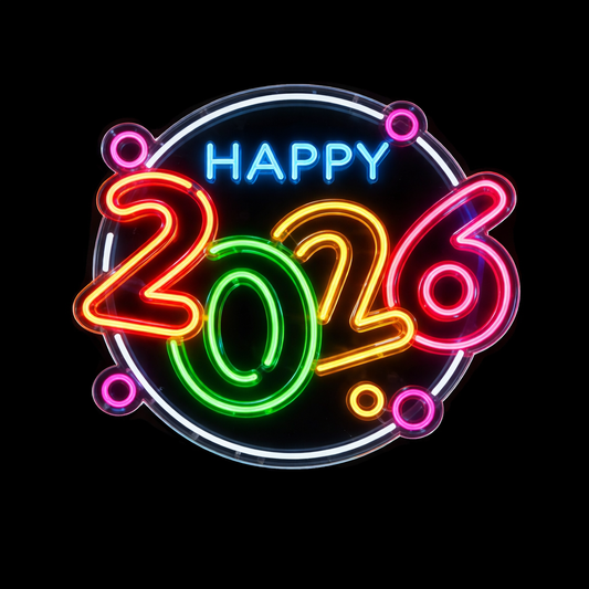 Happy 2026 LED Neon Sign Round Colorful Number Light for New Year Party Decoration