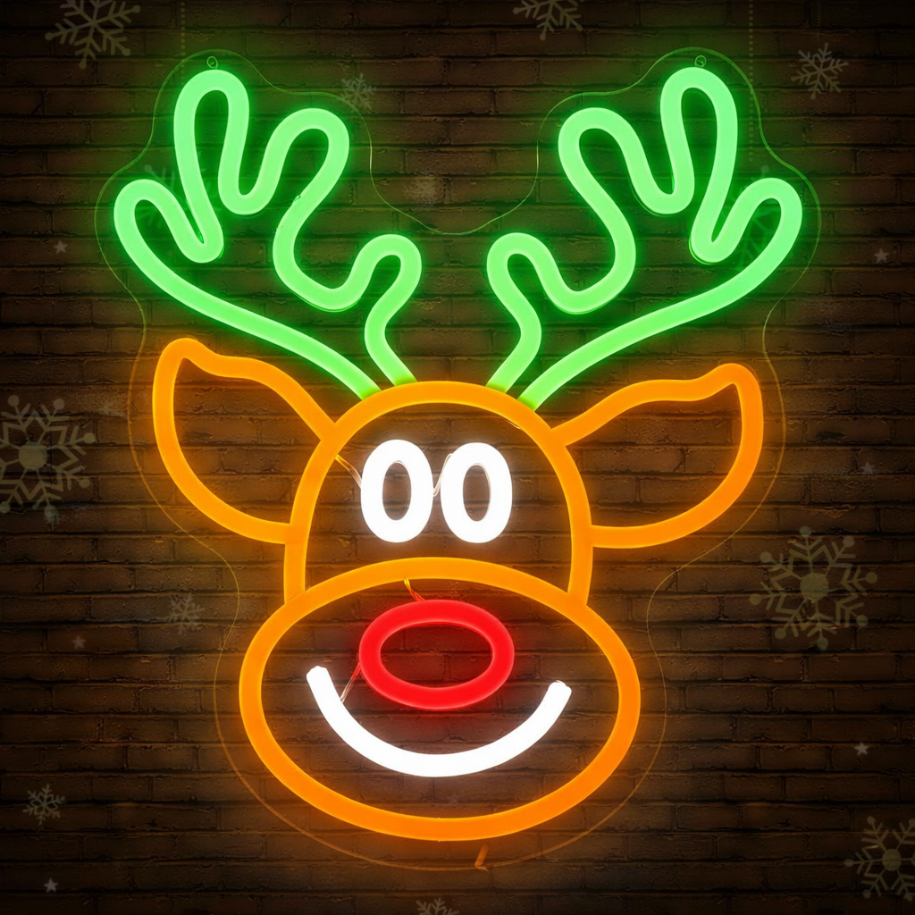 LED Reindeer Neon Sign Orange, White & Red Christmas Decoration