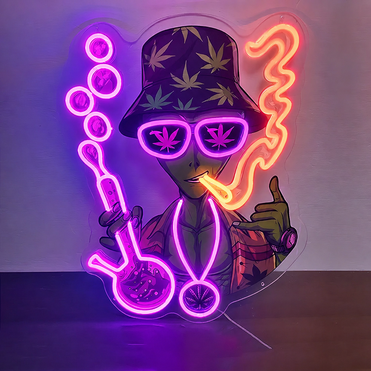 Alien LED Neon Sign with Hat and Pipe Funky Space Alien Wall Decor for Bedrooms Game Rooms and Cafes