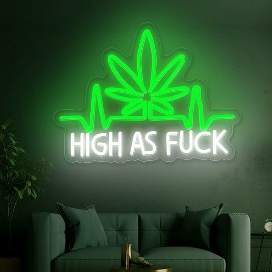 High As Fck LED Neon Sign Funny Green Leaf Wall Light for Room Decor