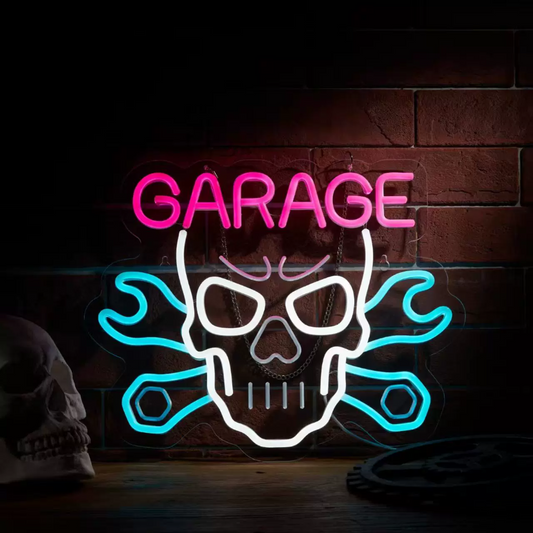 Skull Garage LED Neon Sign with Wrench Cross for Motorcycle Workshop Decor