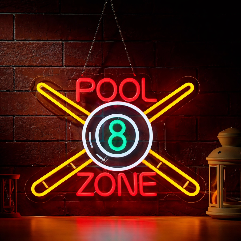 Pool Zone Billiards LED Neon Sign for Bar Game Room Wall Decor