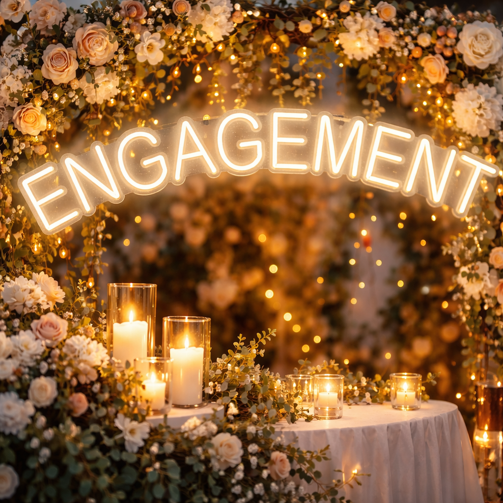 Engagement LED Neon Sign Elegant Arc Lettering with Warm White Illumination for Wedding & Proposal Decor