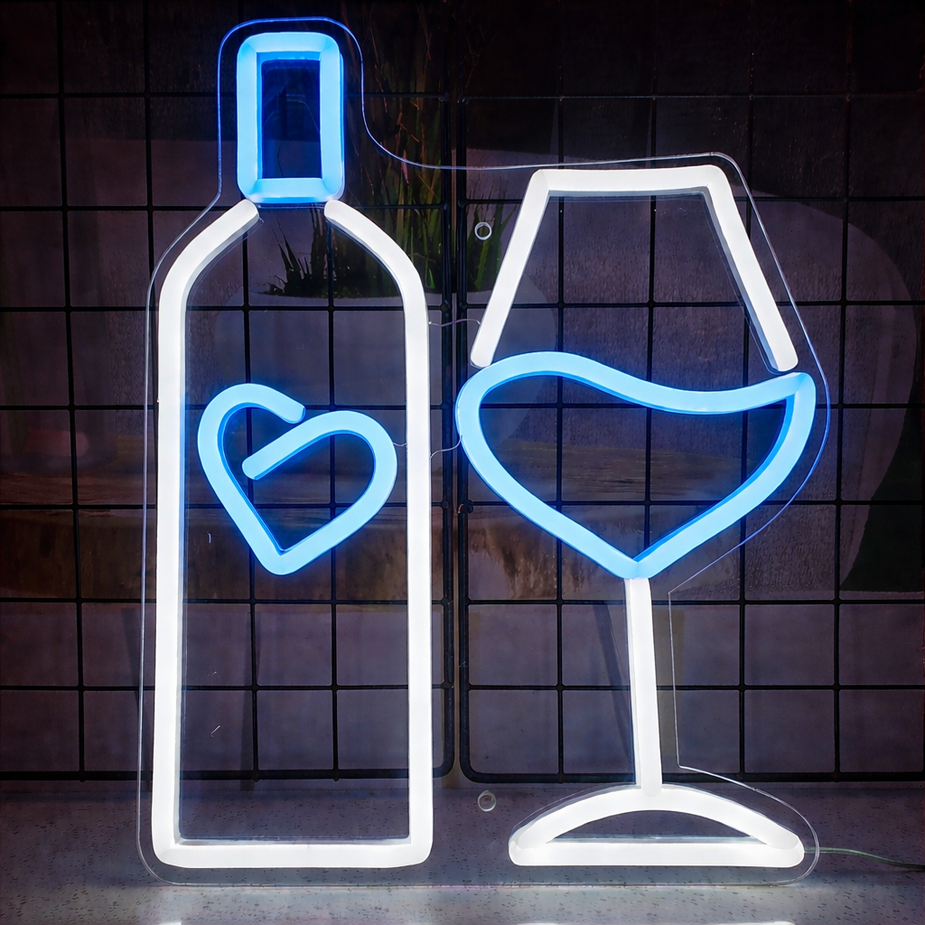 Wine Bottle & Glass Love LED Neon Sign Romantic Bar Neon Light for Home Bar Decor