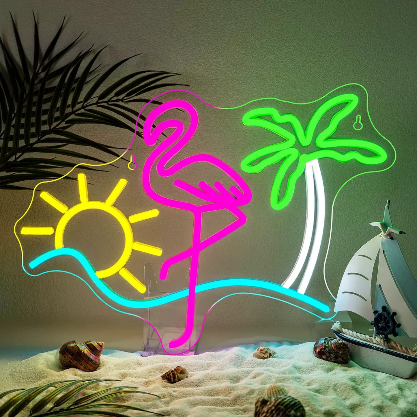 Tropical Flamingo Sunset LED Neon Sign Palm Tree Beach Neon Light Wall Decor for Bedroom Bar Party