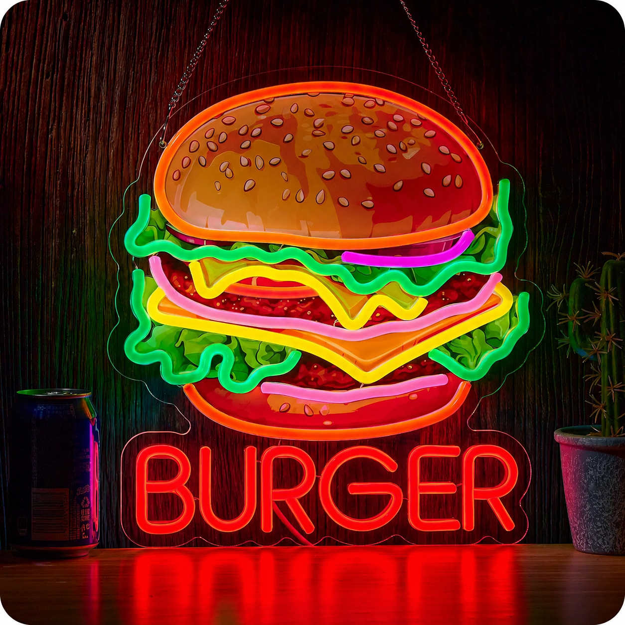 Burger LED Neon Sign Hamburger Fast Food Neon Light Wall Decor for Kitchen Cafe Restaurant Bar