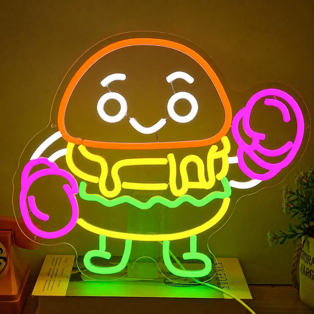 Cute Boxing Burger LED Neon Sign Cartoon Hamburger Neon Light Wall Decor for Bedroom Game Room Restaurant
