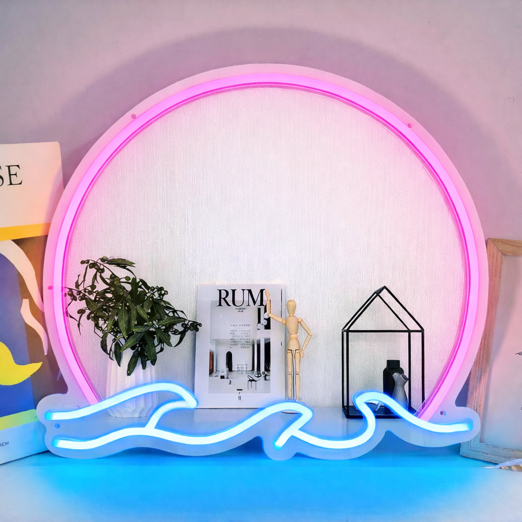 Sunset Wave LED Neon Mirror Sign for Bedroom, Beach Room Decor & Aesthetic Spaces