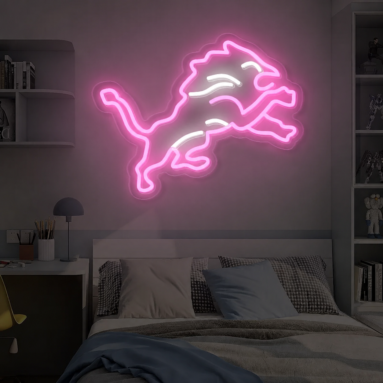 Detroit Lions LED Neon Sign Jumping Lion Neon Light Wall Decor for Bedroom Game Room Sports Fans