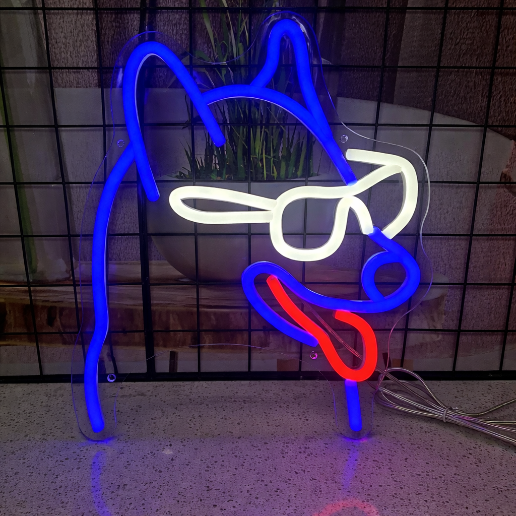 Cool Dog LED Neon Mirror Sign with Sunglasses for Bar, Bedroom & Trendy Room Decor