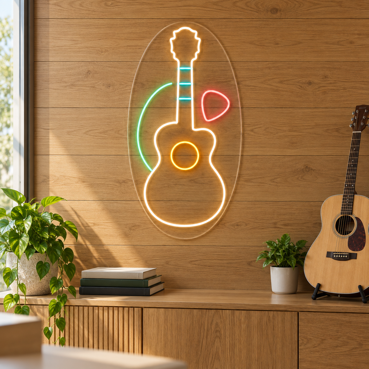 Acoustic Guitar & Pick LED Neon Sign for Guitar Schools - interior setting