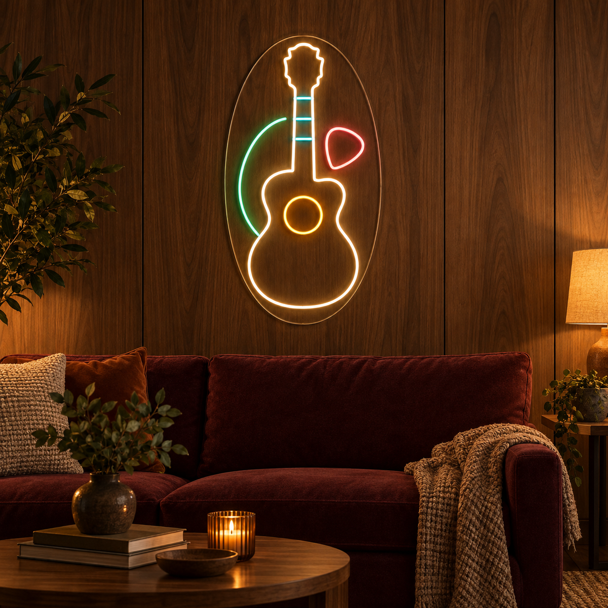 Acoustic Guitar & Pick LED Neon Sign for Guitar Schools - interior setting