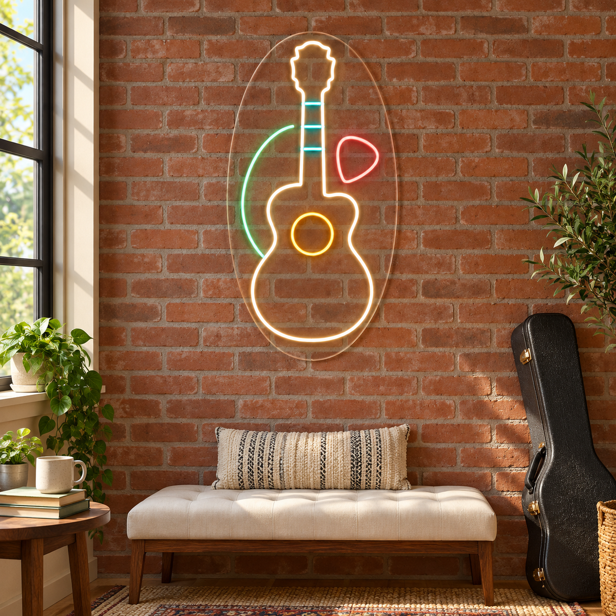 Acoustic Guitar & Pick LED Neon Sign for Guitar Schools - interior setting