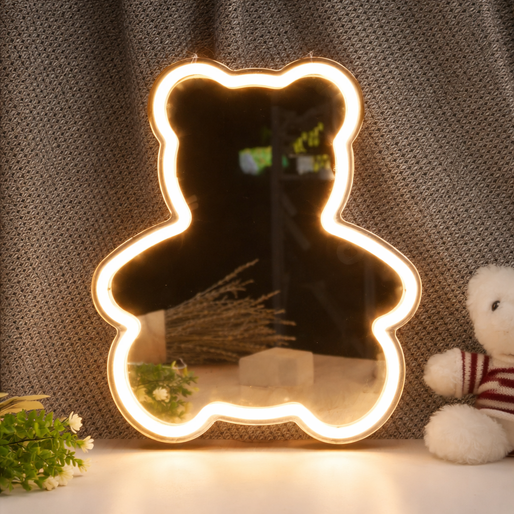 Cute Teddy Bear LED Neon Mirror Sign for Kids Room Bedroom Wall Decor