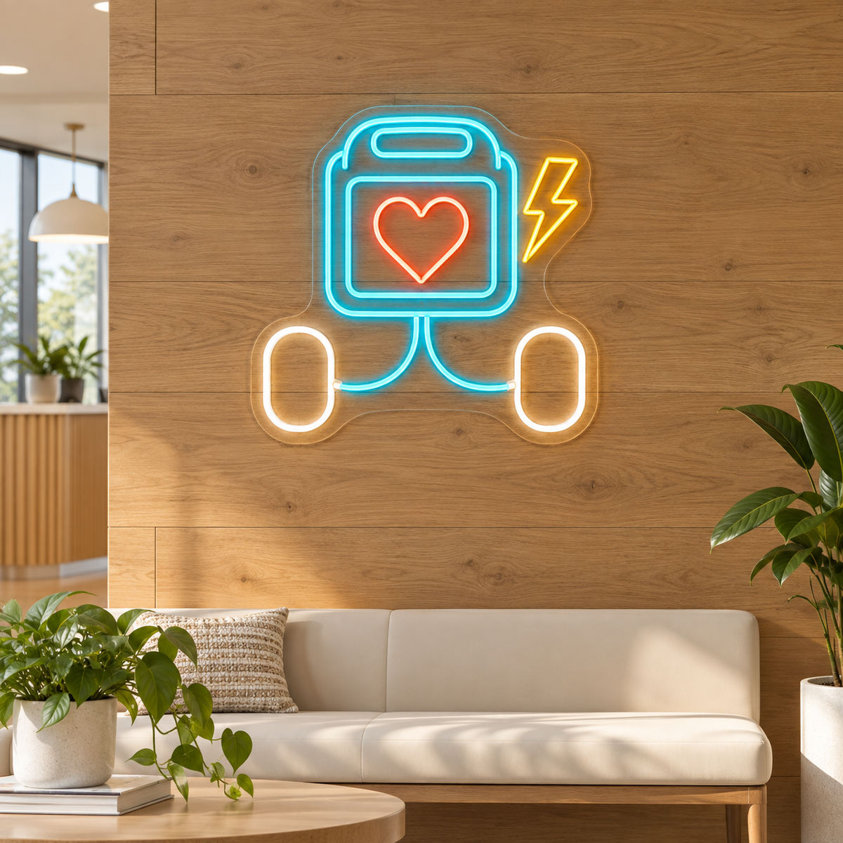 AED Defibrillator & Heart LED Neon Sign for CPR Classrooms - interior setting