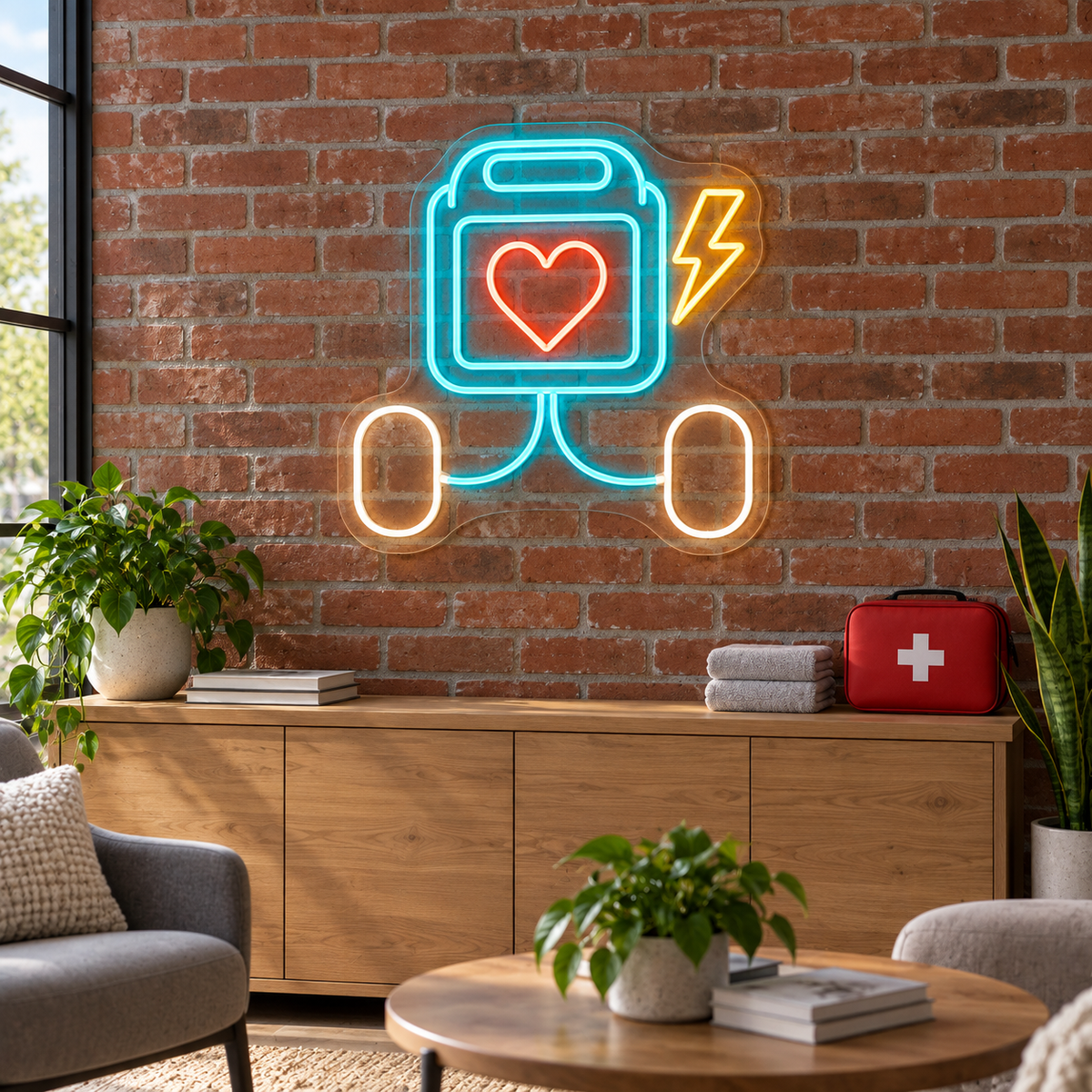 AED Defibrillator & Heart LED Neon Sign for CPR Classrooms - interior setting