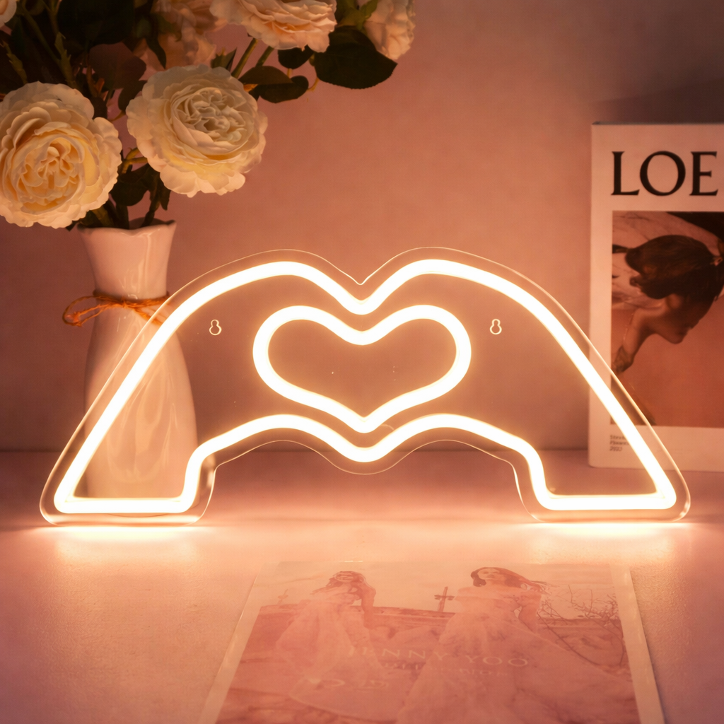 Heart Hands LED Neon Sign Romantic Pink Wall Light for Bedroom Decor