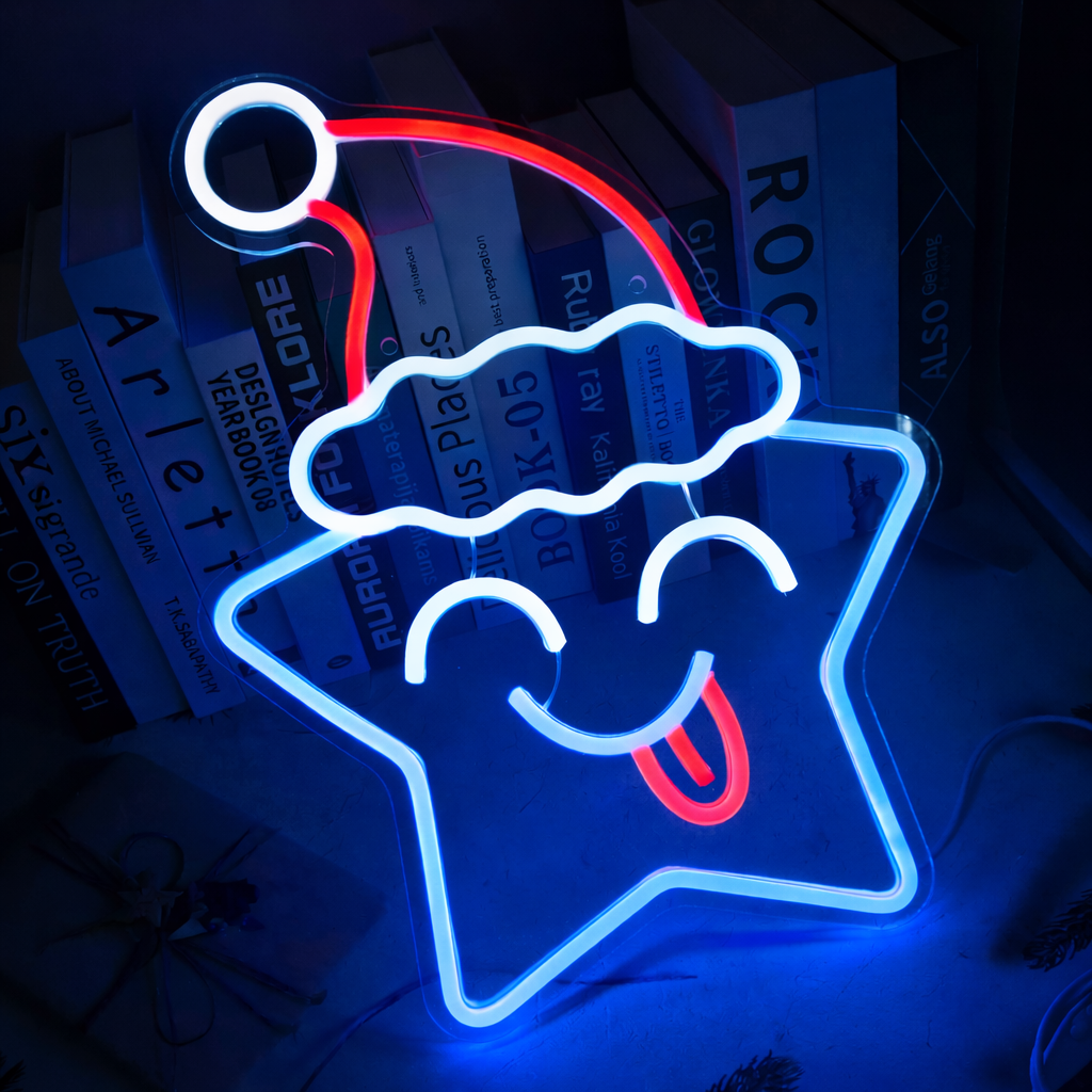 LED Christmas Star Neon Sign with Santa Hat