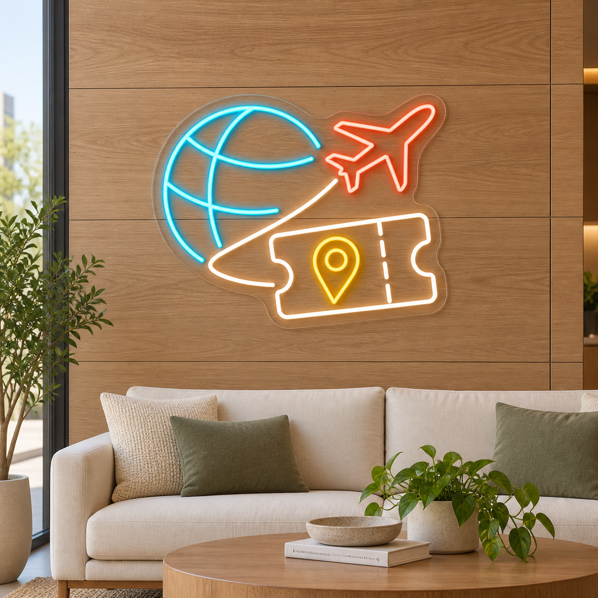 Airplane & Globe LED Neon Sign for Travel Agencies - interior setting